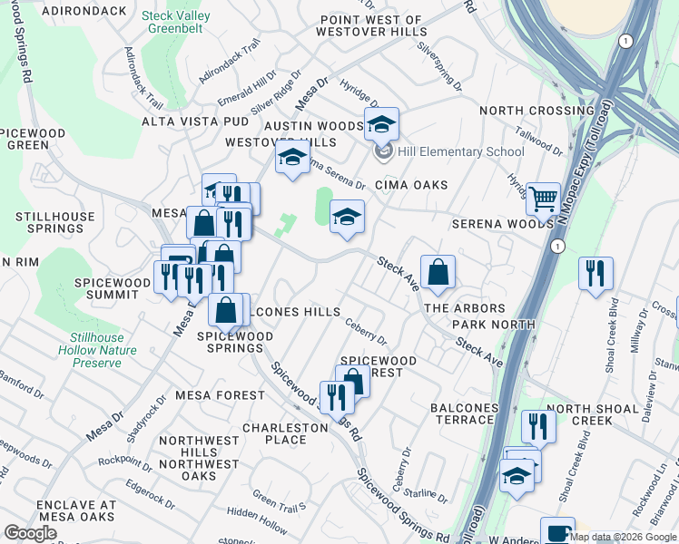 map of restaurants, bars, coffee shops, grocery stores, and more near 8142 Greenslope Drive in Austin