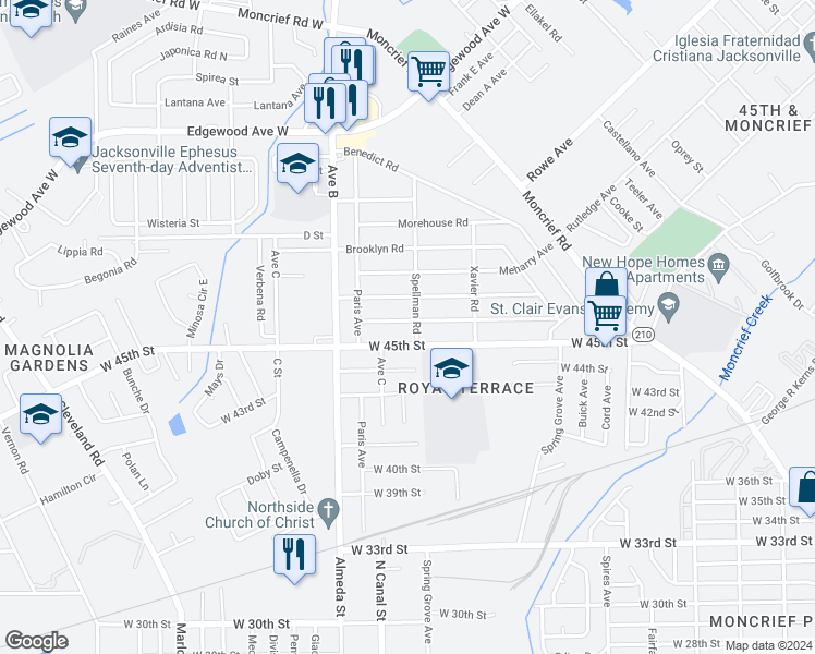 map of restaurants, bars, coffee shops, grocery stores, and more near 2141 West 45th Street in Jacksonville