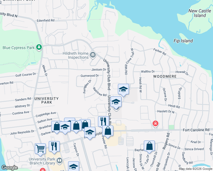 map of restaurants, bars, coffee shops, grocery stores, and more near 3912 University Club Boulevard in Jacksonville