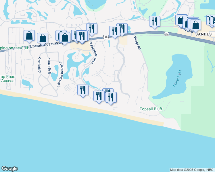 map of restaurants, bars, coffee shops, grocery stores, and more near 5002 South Sandestin Boulevard in Destin