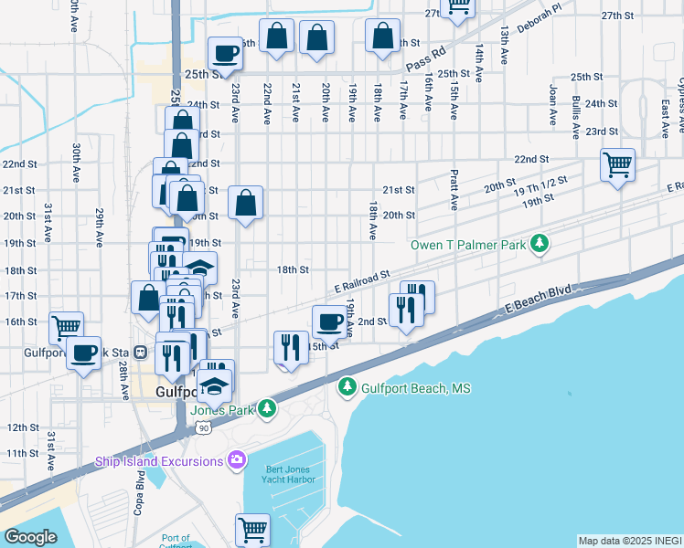 map of restaurants, bars, coffee shops, grocery stores, and more near 1709 19th Avenue in Gulfport