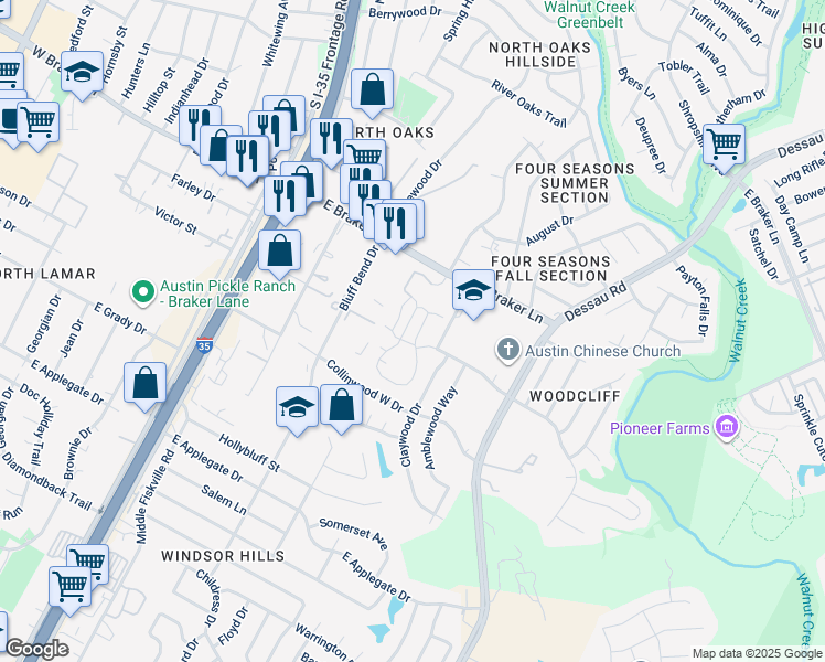 map of restaurants, bars, coffee shops, grocery stores, and more near 11110 Tom Adams Drive in Austin