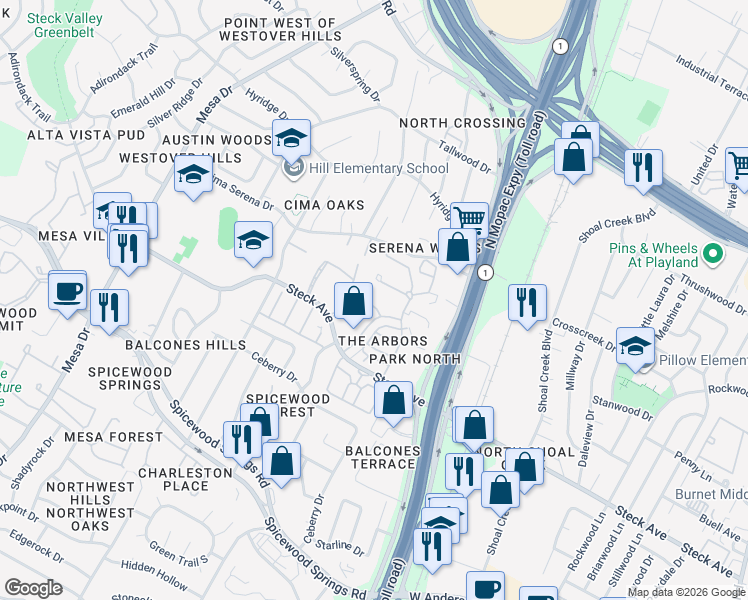 map of restaurants, bars, coffee shops, grocery stores, and more near 8304 Summer Side Drive in Austin