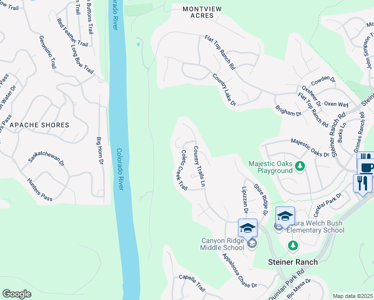 map of restaurants, bars, coffee shops, grocery stores, and more near 13229 Country Trails Lane in Austin