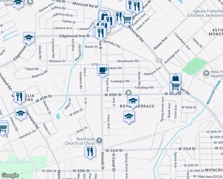 map of restaurants, bars, coffee shops, grocery stores, and more near 2170 Talladega Road in Jacksonville