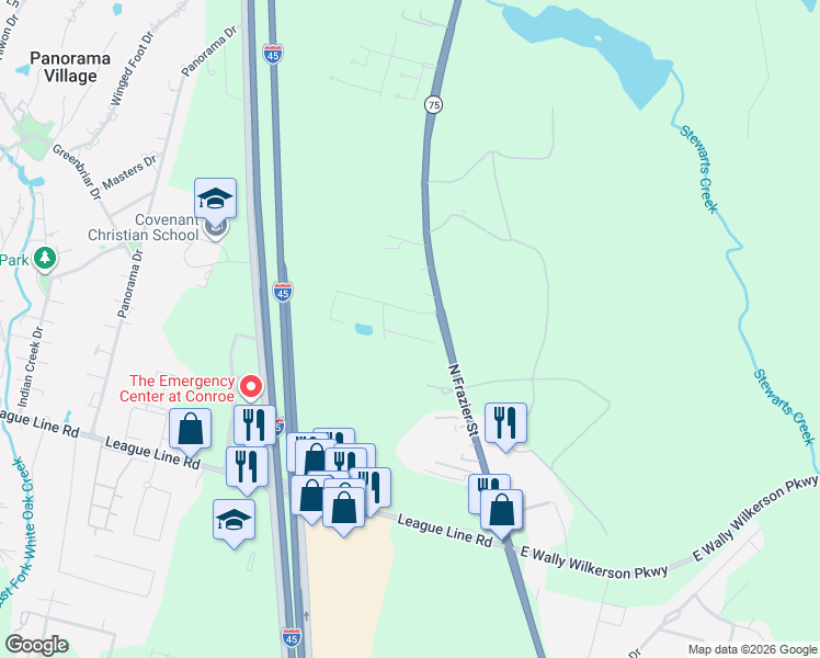 map of restaurants, bars, coffee shops, grocery stores, and more near 5004 Deer Path Drive in Conroe