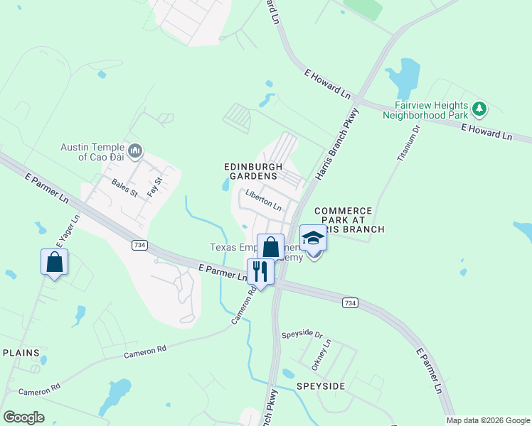 map of restaurants, bars, coffee shops, grocery stores, and more near 5648 Brougham Way in Austin