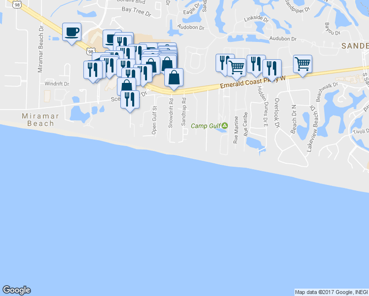 map of restaurants, bars, coffee shops, grocery stores, and more near 247 Sandtrap Road in Destin