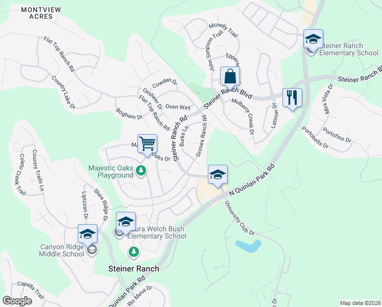 map of restaurants, bars, coffee shops, grocery stores, and more near 3107 Burks Lane in Austin