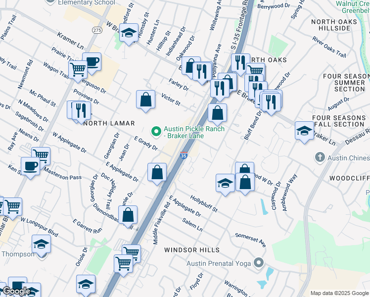 map of restaurants, bars, coffee shops, grocery stores, and more near North Interstate Highway 35 in Austin