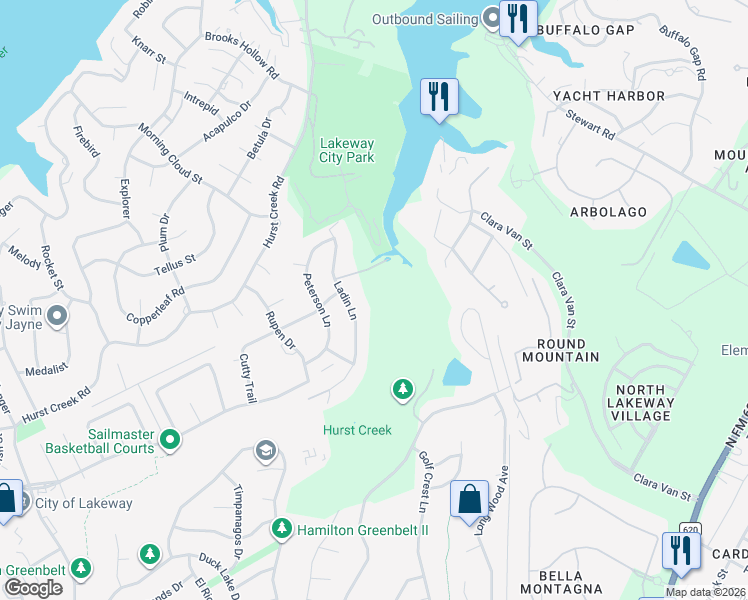 map of restaurants, bars, coffee shops, grocery stores, and more near 532 Ladin Lane in Lakeway