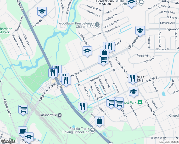 map of restaurants, bars, coffee shops, grocery stores, and more near 3190 Edgewood Avenue West in Jacksonville