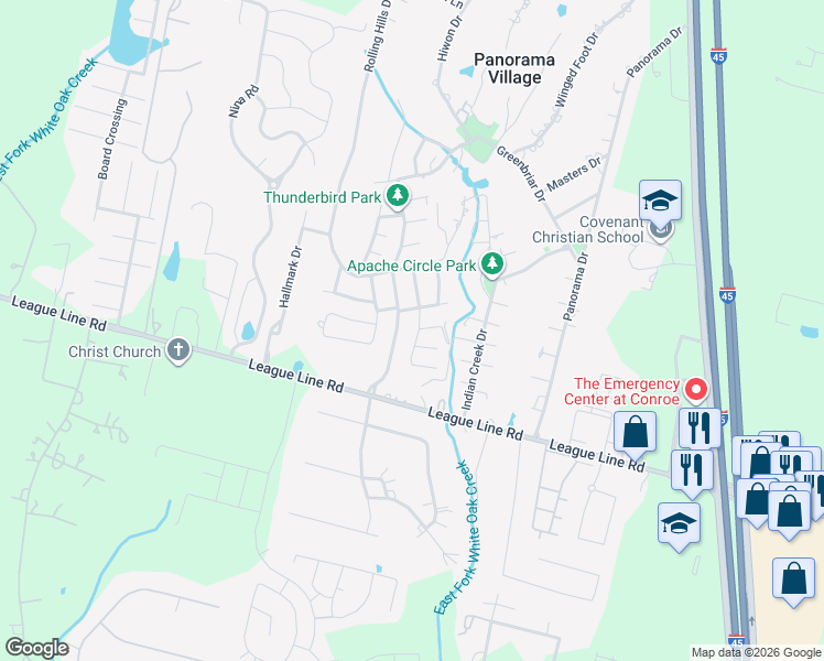 map of restaurants, bars, coffee shops, grocery stores, and more near 138 Paradise Valley Drive in Conroe