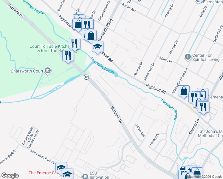 map of restaurants, bars, coffee shops, grocery stores, and more near 8058 Seville Court in Baton Rouge