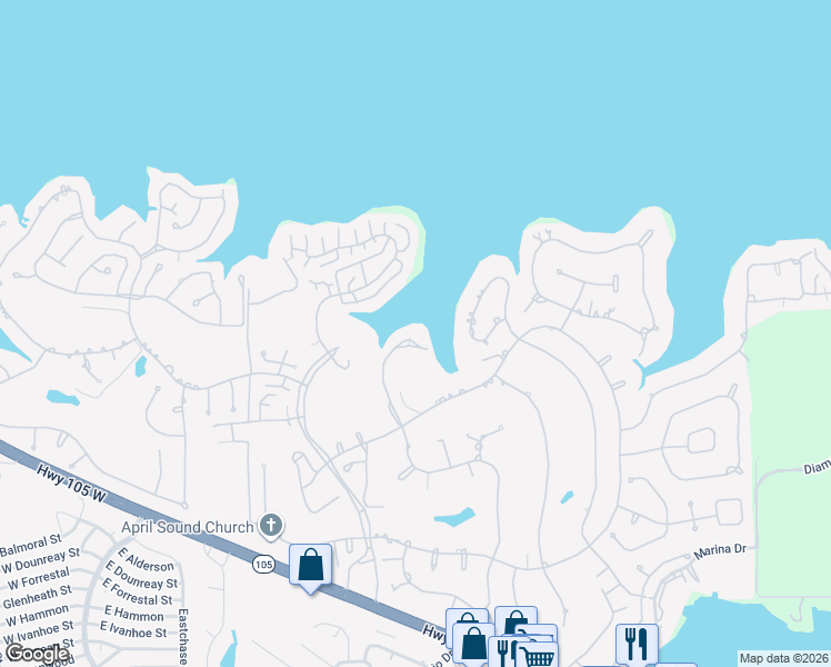 map of restaurants, bars, coffee shops, grocery stores, and more near 45 Waters Edge Street in Montgomery