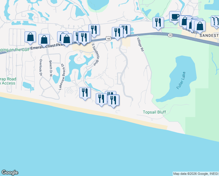 map of restaurants, bars, coffee shops, grocery stores, and more near 5002 South Sandestin Boulevard in Destin