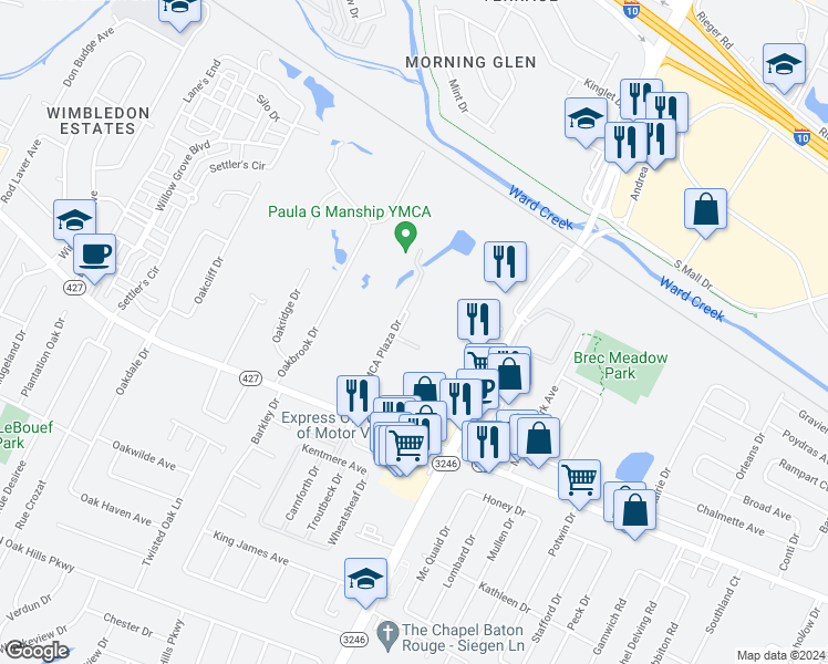 map of restaurants, bars, coffee shops, grocery stores, and more near 8225 Ymca Plaza Drive in Baton Rouge