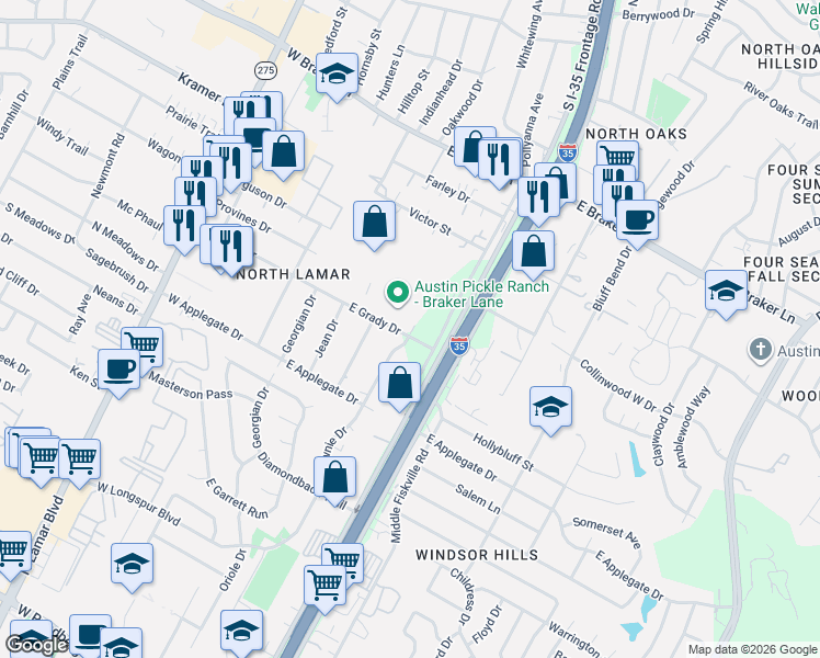 map of restaurants, bars, coffee shops, grocery stores, and more near 505 East Grady Drive in Austin