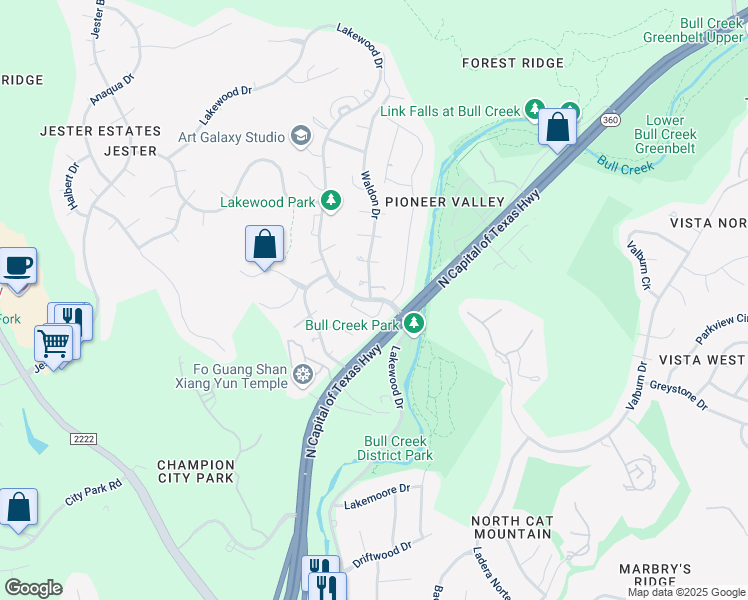 map of restaurants, bars, coffee shops, grocery stores, and more near 7204 Lakewood Drive in Austin