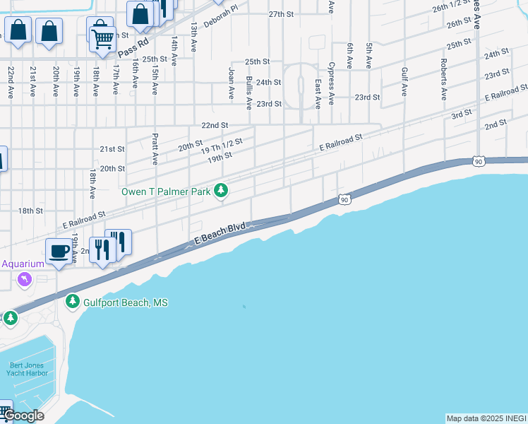 map of restaurants, bars, coffee shops, grocery stores, and more near 1238 East Beach Boulevard in Biloxi