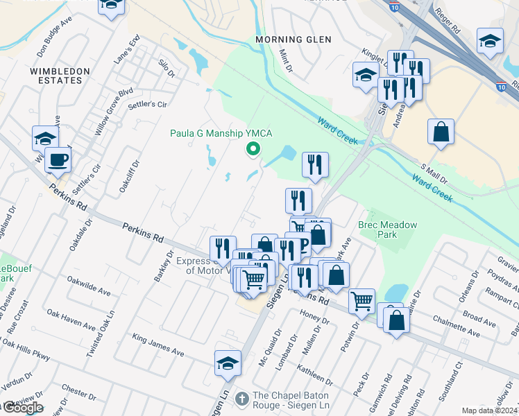 map of restaurants, bars, coffee shops, grocery stores, and more near 8225 Ymca Plaza Drive in Baton Rouge