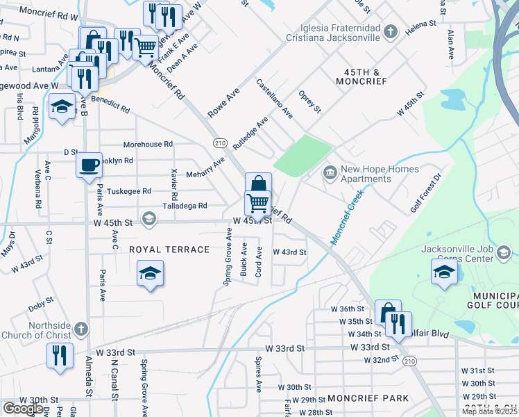 map of restaurants, bars, coffee shops, grocery stores, and more near 5540 Moncrief Road in Jacksonville