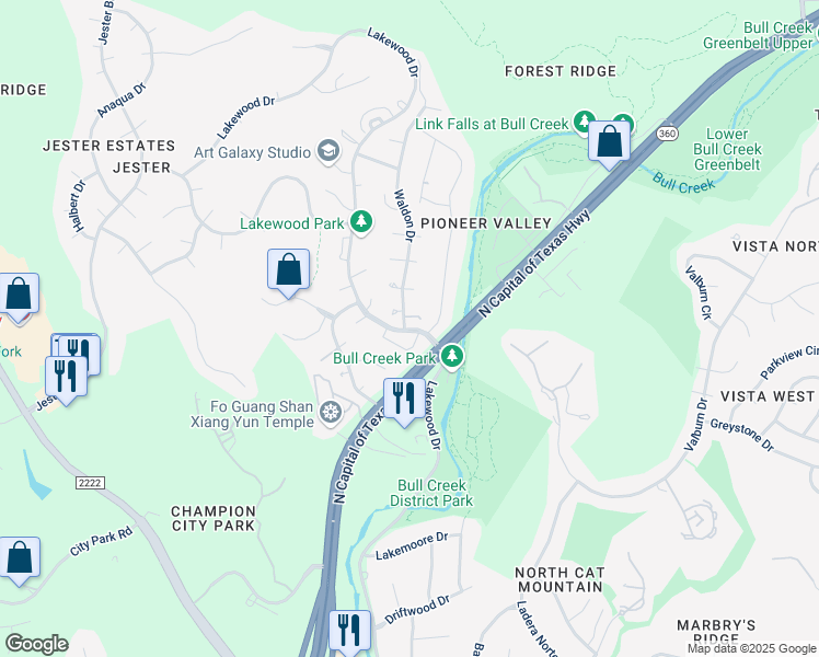 map of restaurants, bars, coffee shops, grocery stores, and more near 7204 Lakewood Drive in Austin