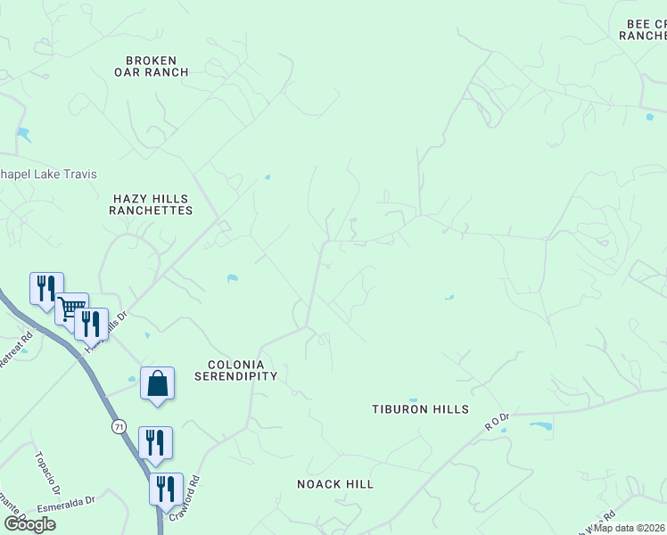 map of restaurants, bars, coffee shops, grocery stores, and more near 3701 Crawford Road in Spicewood