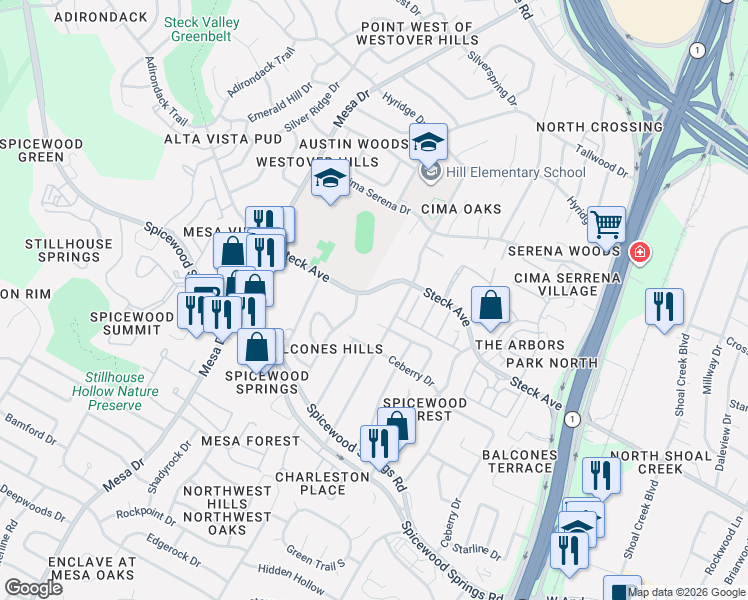 map of restaurants, bars, coffee shops, grocery stores, and more near 8142 Greenslope Drive in Austin
