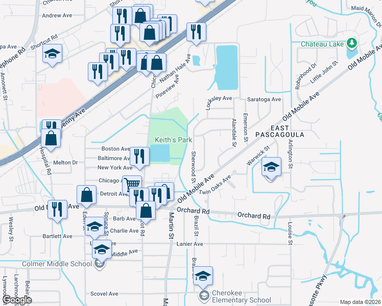 map of restaurants, bars, coffee shops, grocery stores, and more near 3721 Sherwood Street in Pascagoula