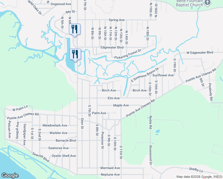 map of restaurants, bars, coffee shops, grocery stores, and more near 8717 Birch Avenue in Ocean Springs