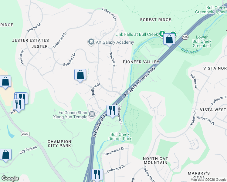 map of restaurants, bars, coffee shops, grocery stores, and more near 7205 Waldon Drive in Austin