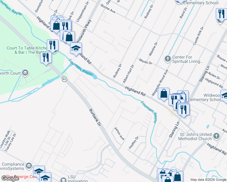 map of restaurants, bars, coffee shops, grocery stores, and more near 8252 Valencia Court in Baton Rouge