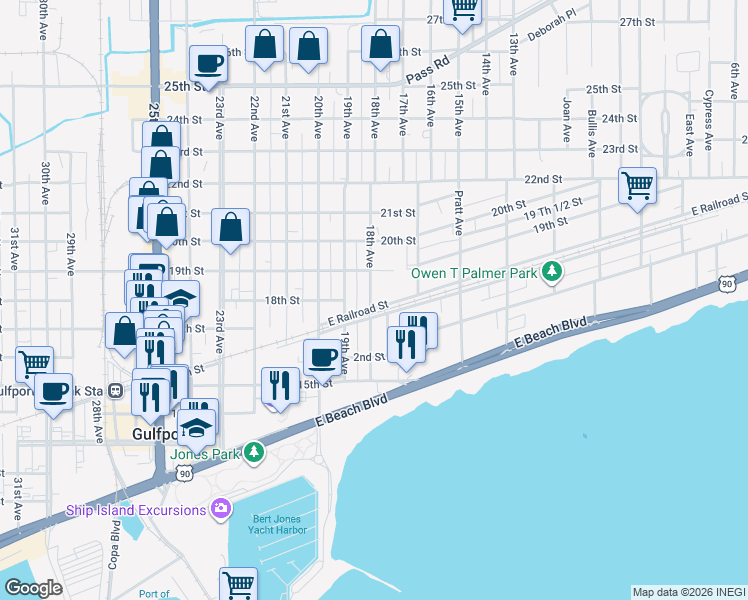 map of restaurants, bars, coffee shops, grocery stores, and more near 1754 East Railroad Street in Gulfport