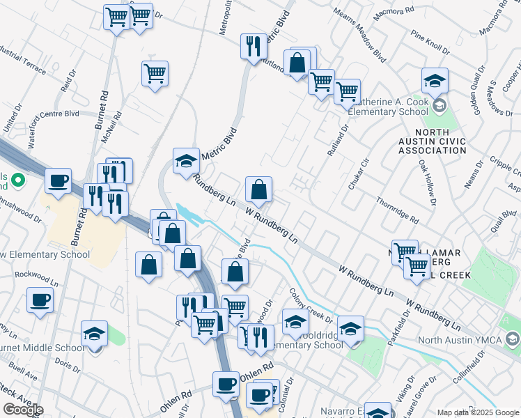 map of restaurants, bars, coffee shops, grocery stores, and more near 9210 Northgate Boulevard in Austin