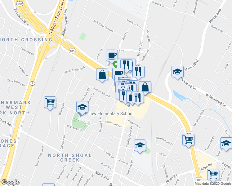 map of restaurants, bars, coffee shops, grocery stores, and more near 8801 McCann Drive in Austin