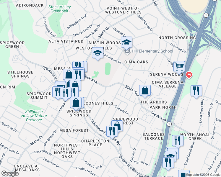 map of restaurants, bars, coffee shops, grocery stores, and more near 8142 Greenslope Drive in Austin
