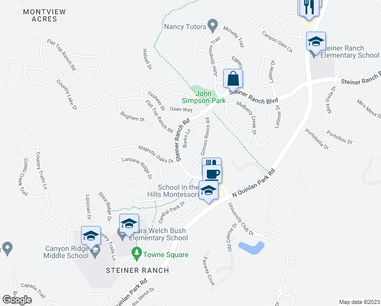map of restaurants, bars, coffee shops, grocery stores, and more near 3117 Burks Lane in Austin