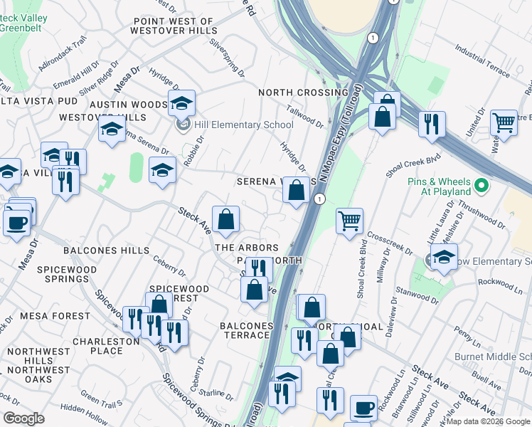 map of restaurants, bars, coffee shops, grocery stores, and more near 8400 North Mopac Expressway in Austin