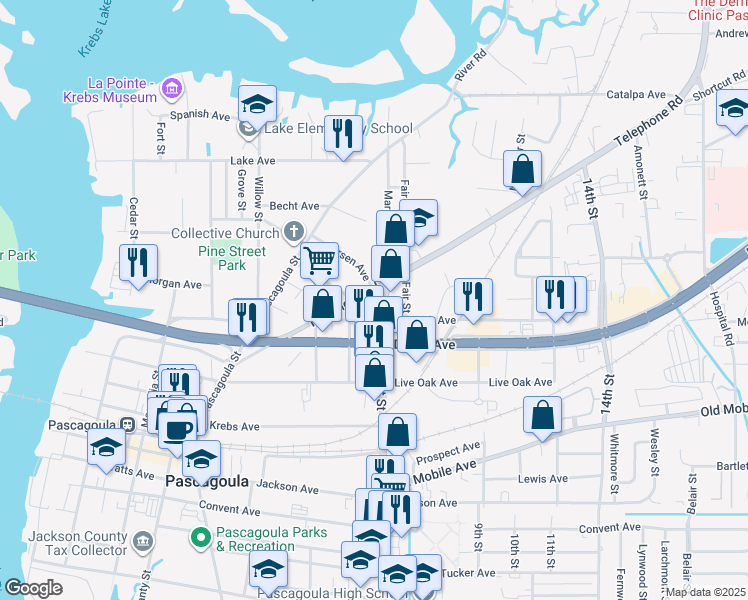 map of restaurants, bars, coffee shops, grocery stores, and more near 1415 Kenneth Avenue in Pascagoula