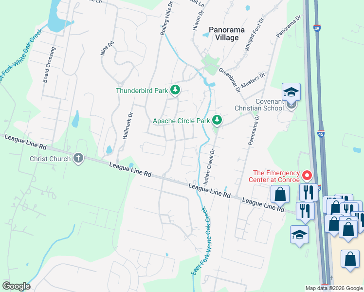 map of restaurants, bars, coffee shops, grocery stores, and more near 138 Paradise Valley Drive in Conroe