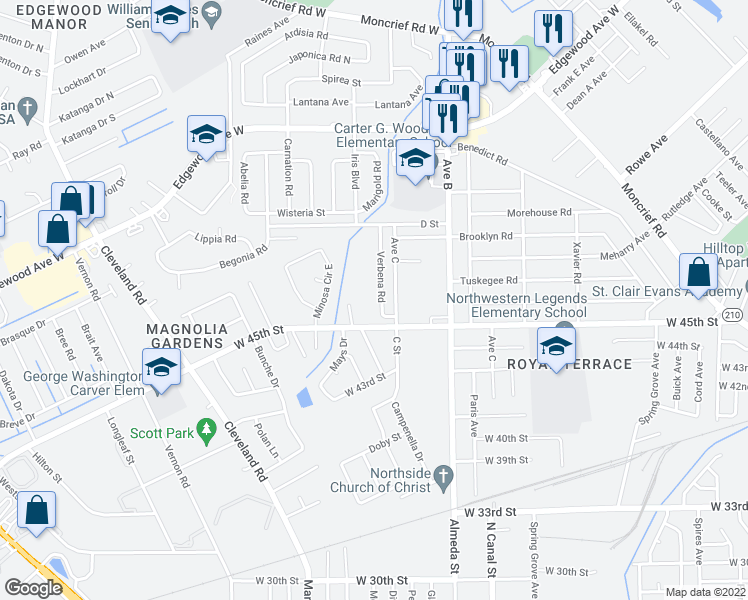 map of restaurants, bars, coffee shops, grocery stores, and more near 5524 Verbena Road in Jacksonville