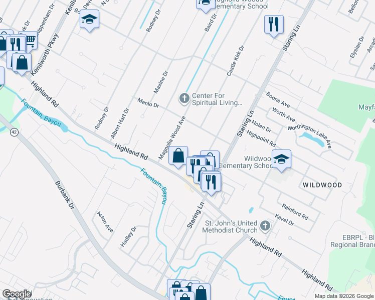 map of restaurants, bars, coffee shops, grocery stores, and more near 8439 Highland Road in Baton Rouge