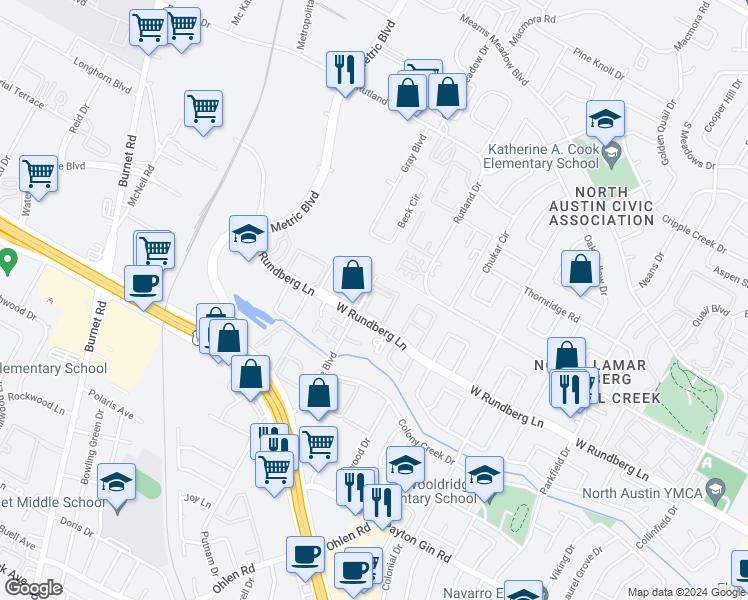 map of restaurants, bars, coffee shops, grocery stores, and more near 1830 West Rundberg Lane in Austin