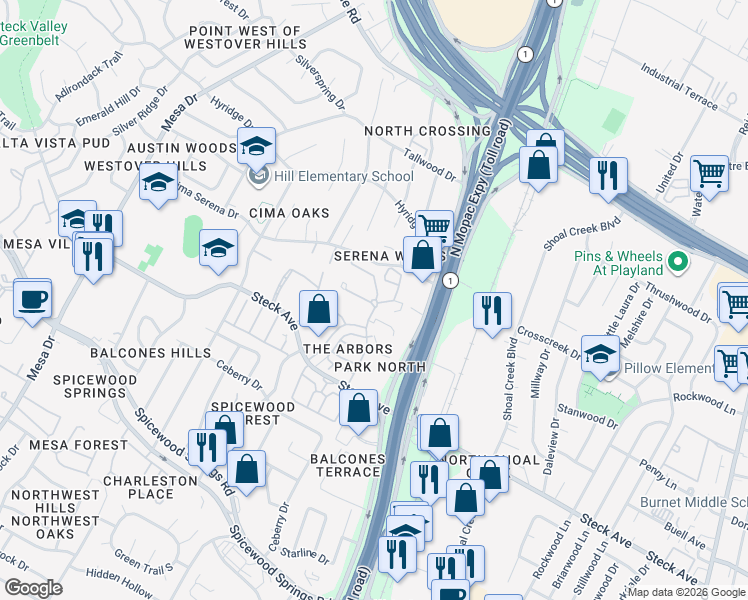 map of restaurants, bars, coffee shops, grocery stores, and more near 8400 North Mopac Expressway in Austin