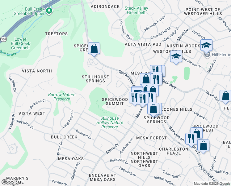 map of restaurants, bars, coffee shops, grocery stores, and more near 4411 Spicewood Springs Road in Austin