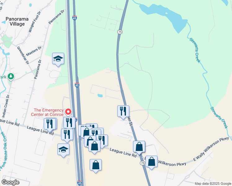 map of restaurants, bars, coffee shops, grocery stores, and more near 5009 Willow Point Drive in Conroe