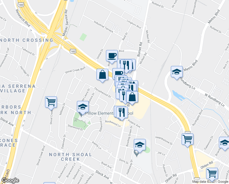 map of restaurants, bars, coffee shops, grocery stores, and more near 8801 McCann Drive in Austin