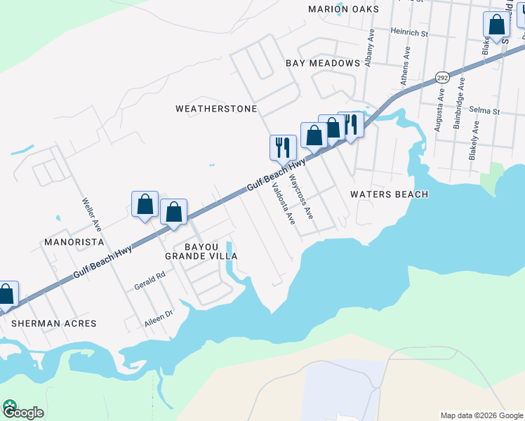 map of restaurants, bars, coffee shops, grocery stores, and more near 2451 Redoubt Avenue in Pensacola
