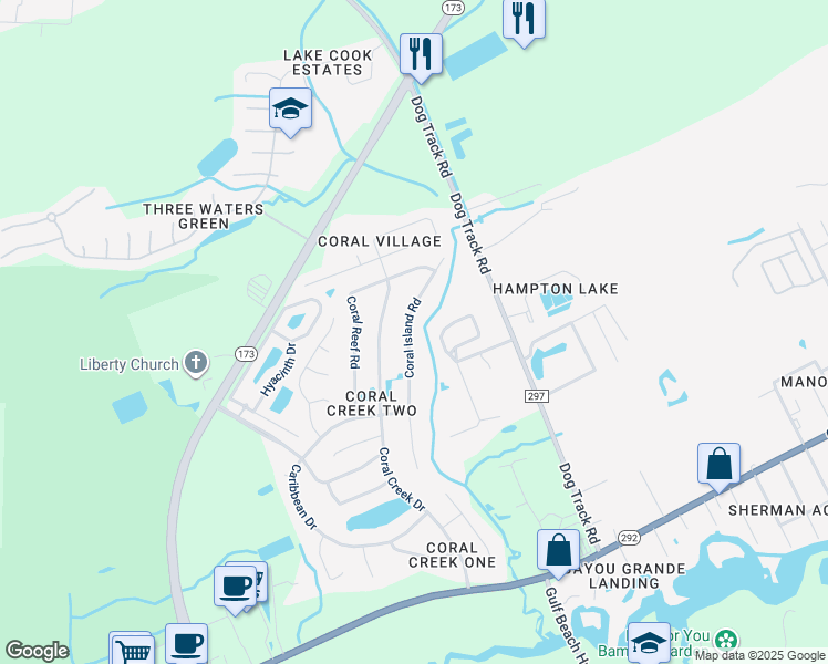 map of restaurants, bars, coffee shops, grocery stores, and more near 1938 Coral Island Road in Pensacola